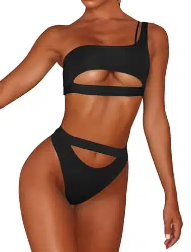 Lilosy Cutout One Shoulder High Waisted Cut Leg Thong Brazilian Bikini Swimsuit Set Women Cheeky Bottom Bathing Suit Two Piece Knotted Black Medium