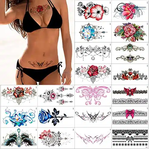 Maripabon Sexy Lace Temporary Tattoos Sheets Large Flowers Butterfly Navel Tattoo Stickers Bust Stomach Butt Legs Arms Lower Back Fake Waterproof Tattoos for Women Girls