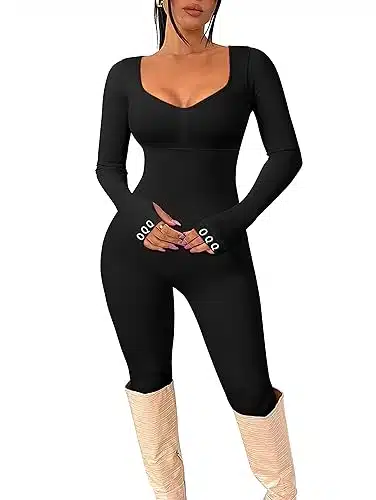 OQQ Womenâs Yoga Jumpsuits Workout Ribbed Long Sleeve Tops Padded Sports Bra Exercise Jumpsuits Black