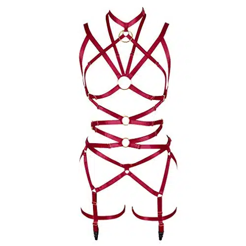 PETMHS Women's Punk Cut Out Harness Body Full Strappy Lingerie Garter Belts Set Elasticity Goth Club Rave Wear Wine Red One Size