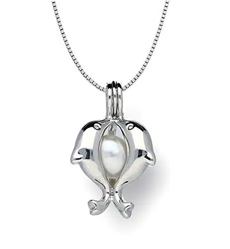 Pearlina Sterling Silver Dolphins Necklace Cultured Pearl in Oyster Cage Wish Pearl Set,