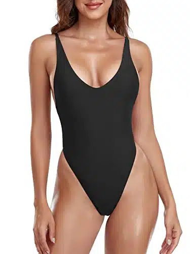 RELLECIGA Women's Black High Cut Scoop Back One Piece Swimsuit Size Small