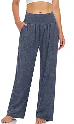 UEU Women's Comfy High Waist Ankle Yoga Pants Casual Loose Fit Studio Sweatpants Lounge Pjs Pajamas Sweat Pants with Pockets(Heather Navy, S)