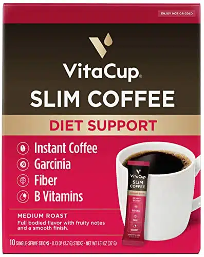VitaCup Slim Instant Coffee Packets, with Garcinia, Fiber, B Vitamins, Bold & Smooth, Medium Dark Roast, % Arabica Coffee in Single Serve Sticks, Ct