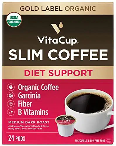 VitaCup Slim Organic Coffee Pods, Diet Support with Ginseng, Garcinia, B Vitamins, Bold Medium Dark Roast, Single Serve Pod, Compatible with Keurig K Cup Brewers,Ct