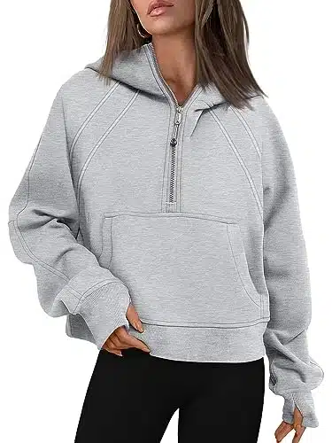 WYNNQUE Womens Hoodies Oversized Sweatshirts Half Zip Pullover Cropped Fleece Quarter Zip Up Winter Clothes Fall Outfits Sweaters Teen Girls Fashion Grey