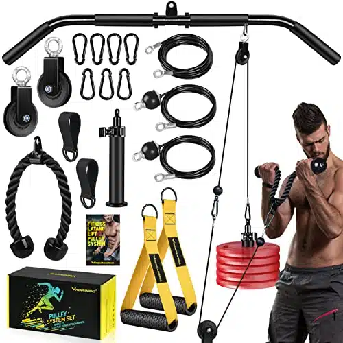 Weight Cable Pulley System Gym   Upgraded LAT Pull Down Machine Accessories, LAT and Lift Cable Pulley Attachments for Home Gym Equipment, Crossover Clip Chest, Tricep Pull Down, Biceps Curl Workout
