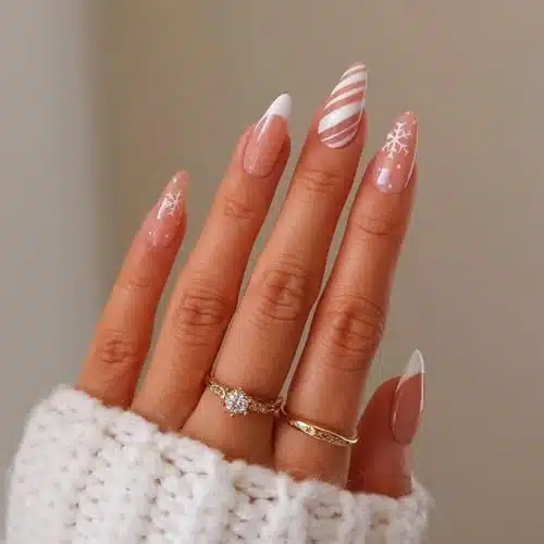 Winter Nude Nails French Tip Press on Nails Medium Almond Fake Nails with Designs White Nail Tips Snowflake Stripe Glossy Acrylic Oval False Nails Christmas Glue on Nails for Women and Girls Pcs