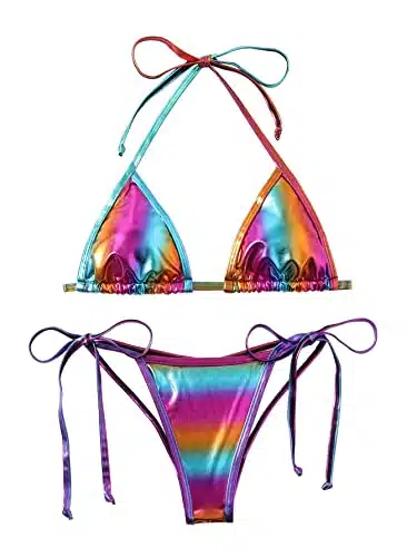 Women's Liquid Metallic Rainbow Bikini Sets Shiny String Padded Triangle Pieces Swimsuit Set