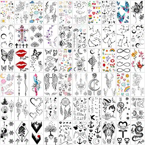 Yazhiji Sheets Tiny Waterproof Temporary Tattoos, Moon Stars Constellations Music Compass Anchor Words Lines Flowers for Kids Adults Men and Women