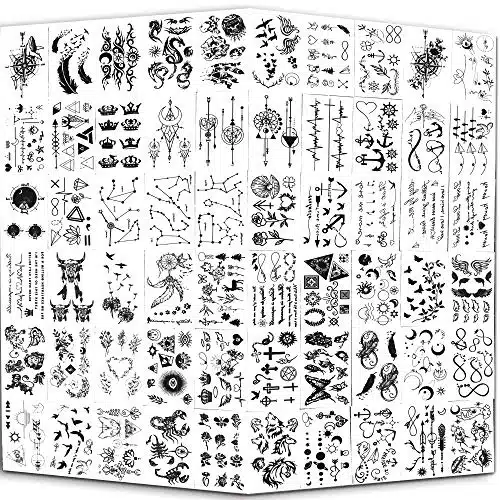 Yazhiji Tiny Waterproof Temporary Tattoos   Sheets, Moon Stars Constellations Music Compass Anchor Words Lines Flowers for Kids Adults Men and Women.