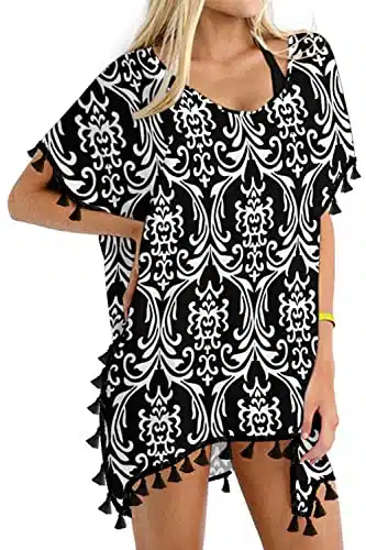 Yincro Women's Chiffon Swimsuits Beach Bathing Suit Cover Ups for Swimwear with Tassels(Black and White, X)