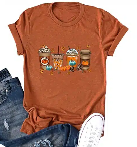 Ykomow Pumpkin Spice Coffee Latte T Shirt Womens Fall Autumn Thanksgiving Graphic Tees (Orange, M)