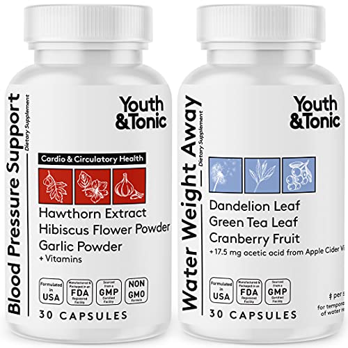 Youth & Tonic Daily Water Weight Away Pills and Blood Pressure Support SupplementsNatural Diuretics for Water Retention & BP Capsules to Maintain a Good Health  + CPS for Women & Men