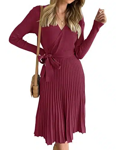 ZESICA Women's Fall Long Sleeve Wrap V Neck Ribbed Knit Pleated A Line Pullover Sweater Dress with Belt,Plum,X Large