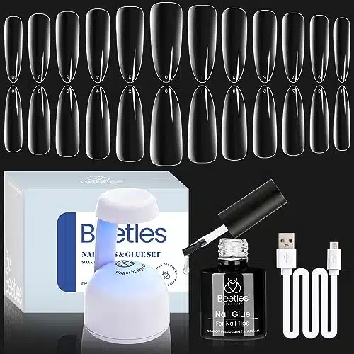 Beetles Gel Nail Kit Gel Nail Tips Pcs Long Almond Pre Shaped Clear Full Cover False Nail Tips with in Nail Glue and Reformatory Led Nail Lamp for Nail Art Diy Home Manicure