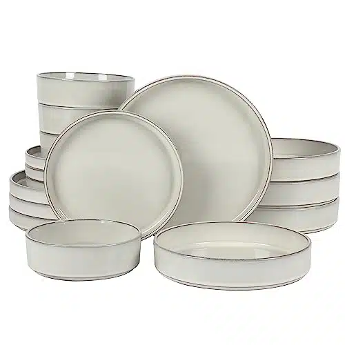 Bloomhouse   Oprah's Favorite Things   Santorini Mist Double Bowl Terracotta Reactive Glaze Plates and Bowls Dinnerware Set   Moonstone White, Service for Four (pcs)