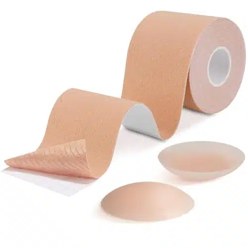 Breast Lift Tape, Boob Tape for Breast Lift & Shape, Bob Tape for Large Breast, Breathable Push Up Tape, Invisible Body Tape, Boobytape Along with Pair Sticky Reusable Silicone Covers (Beige)