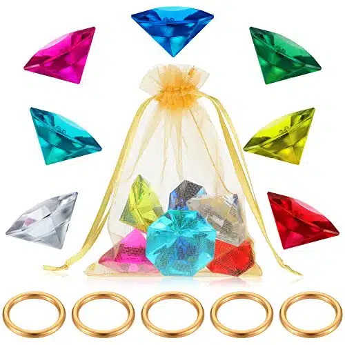 Chalyna Pcs Acrylic Diamond Gems Alloy Gold Round Ring Set, Gold Rings Diamond Gemstone Jewelry Emerald Ring with Gift Bag for Halloween Pirate Party Favor