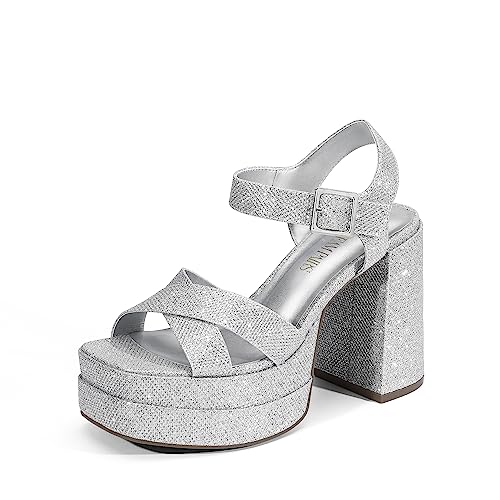 DREAM PAIRS Women's Platform Chunky Heels Square Open Toe Ankle Strap High Heeled Sandals YK Shoes for Party Brunch SDHS Silver Glitter