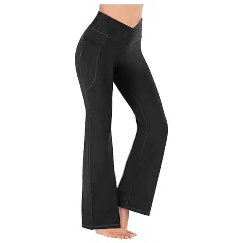 Deal of The Day Prime Today Crossover Flare Leggings for Women High Waist V Cross Bootcut Bell Bottoms Workout Flared Yoga Pants with Pockets Crazy CRZ Black M