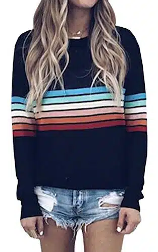 ECOWISH Women's Sweater Rainbow Colorful Striped Sweaters Long Sleeve Crew Neck Color Block Casual Pullover Blouse Tops Black Medium