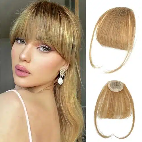 Fake Bangs % Human Hair Wispy Bangs Clip in Hair Extensions Blonde Air Bangs Fringe with Temples Hairpieces for Women Curved Bangs for Daily Wear(# Blonde Bangs)