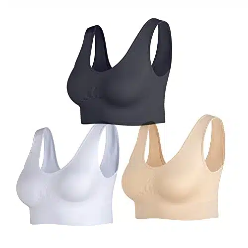 JEMINAY Women's Wireless Sleep Bras Unpadded Seamless Comfort Bras Throw on Wirefree Bralettes Pack,Black+Beige+White,XL