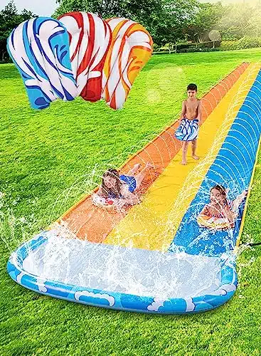 JOYIN ft Triple Water Slide and Boogie Boards, Heavy Duty Lawn Water Slides Waterslide and Slip Sprinkler for Kids Adults Backyard Summer Water Toy Outdoor Fun