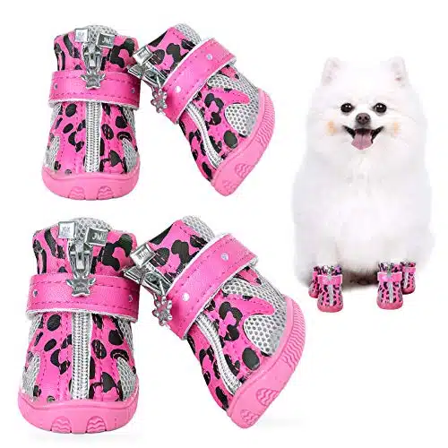 KOESON Small Dog Shoes, Puppy Breathable Dog Boots Anti Slip Mesh Booties for Doggie with Reflecitve Zipper, Pet Shoes Year Round Paw Protector with Adjustable Strap for Outdoor Activities Pink