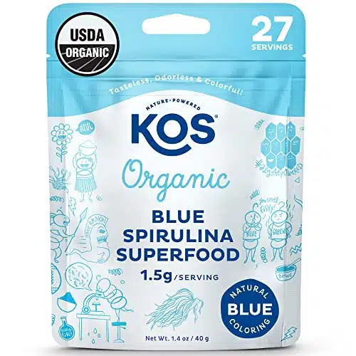 KOS USDA Organic Blue Spirulina Powder, Phycocyanin   Vegan Algae Superfood   Natural Food Coloring for Smoothies & Protein Drinks, Plant Based, Non GMO   Servings