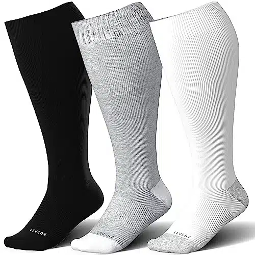 LEVSOX Plus Size Compression Socks for Women&Men Wide Calf mmHg Knee High Extra Large Calf Bamboo Viscose Support Socks for Nurse, Medical, Travel, Black, Grey, White
