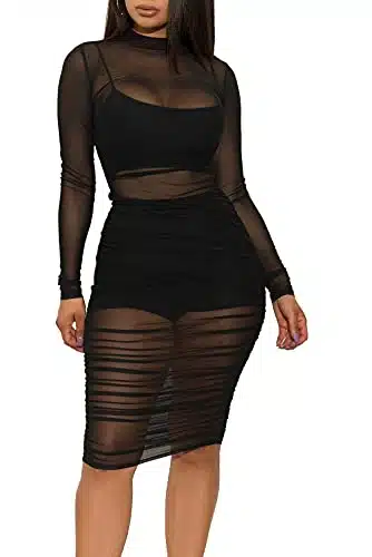 LYANER Women's Mesh Dress Long Sleeve Bodycon Piece Outfits with Cami Shorts Black Medium