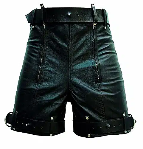 Mens Real Black Leather Short Chastity Bondage Shorts with Locking Rear Zip BLUF Gay (Waist , Black)