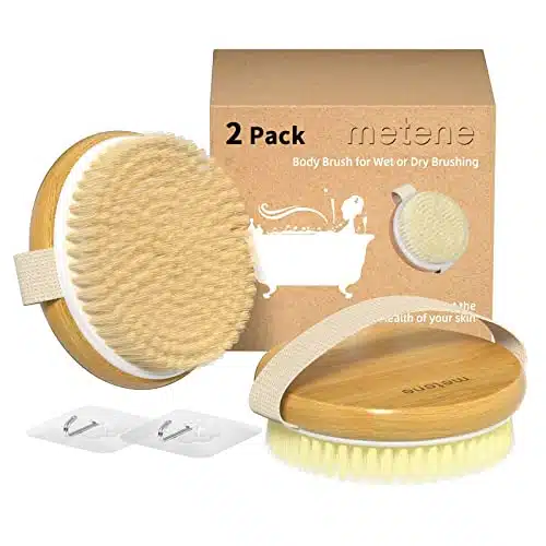 Metene Pack Bamboo Dry Body Brushes, Shower Brush Wet and Dry Brushing, Dry Brush for Cellulite and Lymphatic, Body Scrubber with Soft and Stiff Bristles, Suitable for All Kin