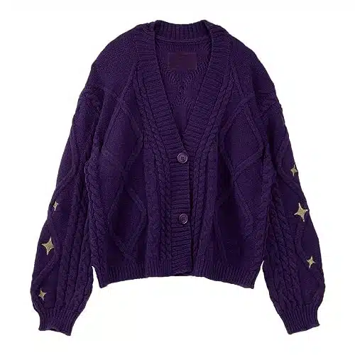 Mundoven Women's Oversized Knit Cardigan Casual Button Down Long Sleeve V Neck Folklore Sweaters Outwear(Purple XL)