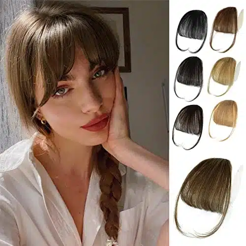 NAYOO Clip in Bangs   % Human Hair Bangs Clip in Hair Extensions, Light Brown Clip on Bangs Wispy Bangs Fringe with Temples Hairpieces for Women Curved Bangs for Daily Wear