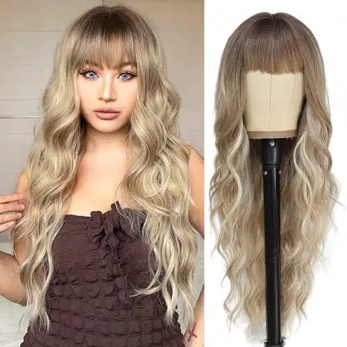 NAYOO Long Dirty Blonde Wigs with Bangs for Women Curly Wavy Hair Wigs Heat Resistant Synthetic Fiber Wigs for Daily Party Use Inches (Dirty Blonde)