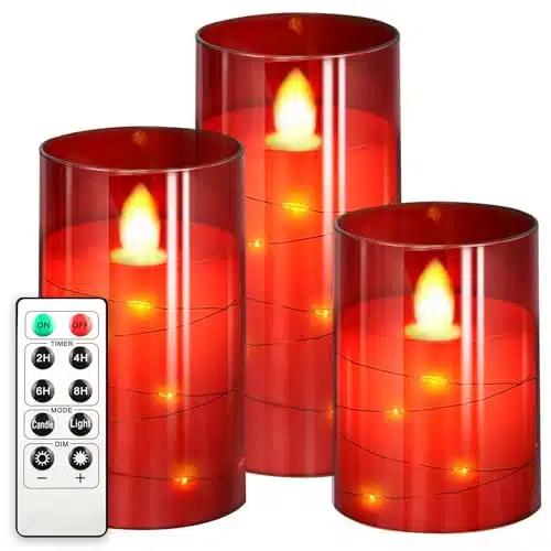 NURADA Flickering Flameless Candles Built in Star String Lights, Unbreakable Glass Battery Operated LED Pillar Candles   Acrylic Battery Candles with Remote and Timer, Red