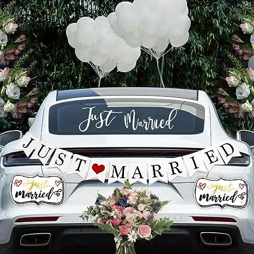 Pcs Just Married Wedding Car Decorations   Include Just Married Ornate Car Magnets x, Just Married Car Wedding Day Car Window Decals x, Just Married Sign Banner Car for Honeym