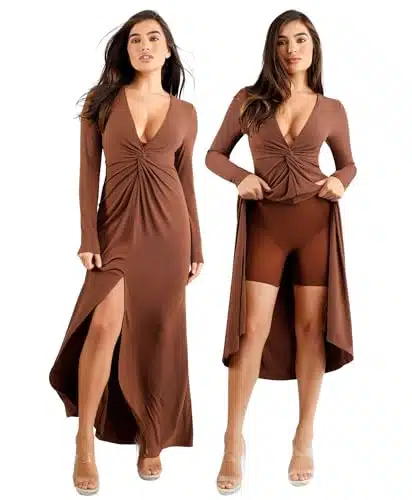 Popilush Long Sleeve Brown Dress for Women Built in Shapewear Split Shaper Dresses Cocktail Fall Wedding Guest Dresses