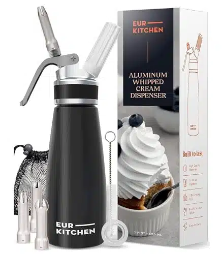 Professional Aluminum Whipped Cream Dispenser   Leak Free Whip Cream Maker Canister with Decorating Nozzles & Cleaning Brush   Pint  mL Cream Whipper   NO Chargers (Not Included)