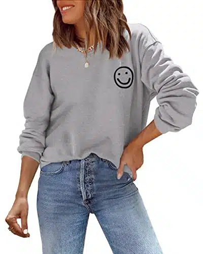 ReachMe Womens Cute Graphic Crewneck Sweatshirts Fashion Smile Pullover Tops Casual Loose Happy Face Sweatshirt(Light Grey,XL)