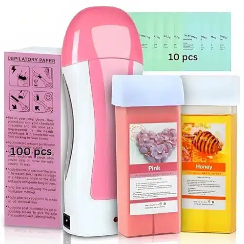 Roll on Wax, Honey and Rose Wax Roller, Portable Pink, Roll on Wax Kit for Hair Removal, Roll on Wax Kit for All Skin Type, Roll on Waxing Kit with ipes for Pre waxing and Pos