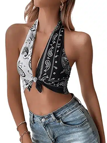 SOLY HUX Halter Tops for Women Paisley Print Bandana Shirt Cowgirl Outfits Country Concert Tops Color Block Crop Top Black White L