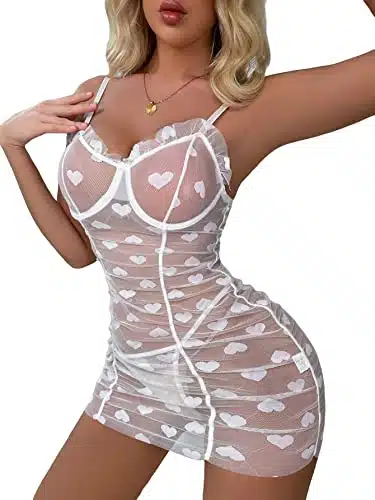 SOLY HUX Women's Sexy Heart Mesh See Through Lingerie Babydoll Sleepwear Sleeveless Ruffle Chemise Nightgown with Thong Pure White S
