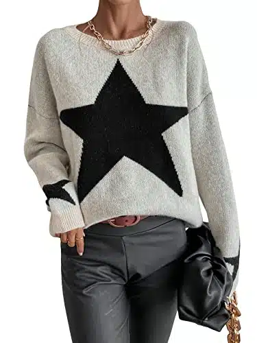 SOLY HUX Women's Star Print Long Sleeve Crewneck Sweater Drop Shoulder Pullover Tops Beige S