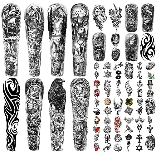 SOOVSY Full Arm Temporary Tattoo Sleeves with Realistic Lion, Flower, Wolf, Eagle and Deer   Fake Tattoos for Men, Women And Aldult, Sheets