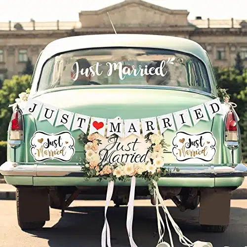 Sets Just Married Car Decorations Just Married Ornate Car Magnets x , Just Married Car Wedding Day Car Window Decals x (White)