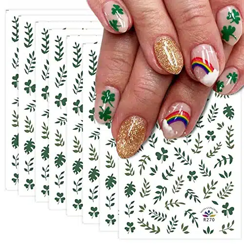 Sheets St. Patricks Day Nail Stickers Green Lucky Shamrock D Self Adhesive Nail Decals Spring Leaf Designs DIY Nail Supplies March th Nail Art Decorations for Women Girls Kids